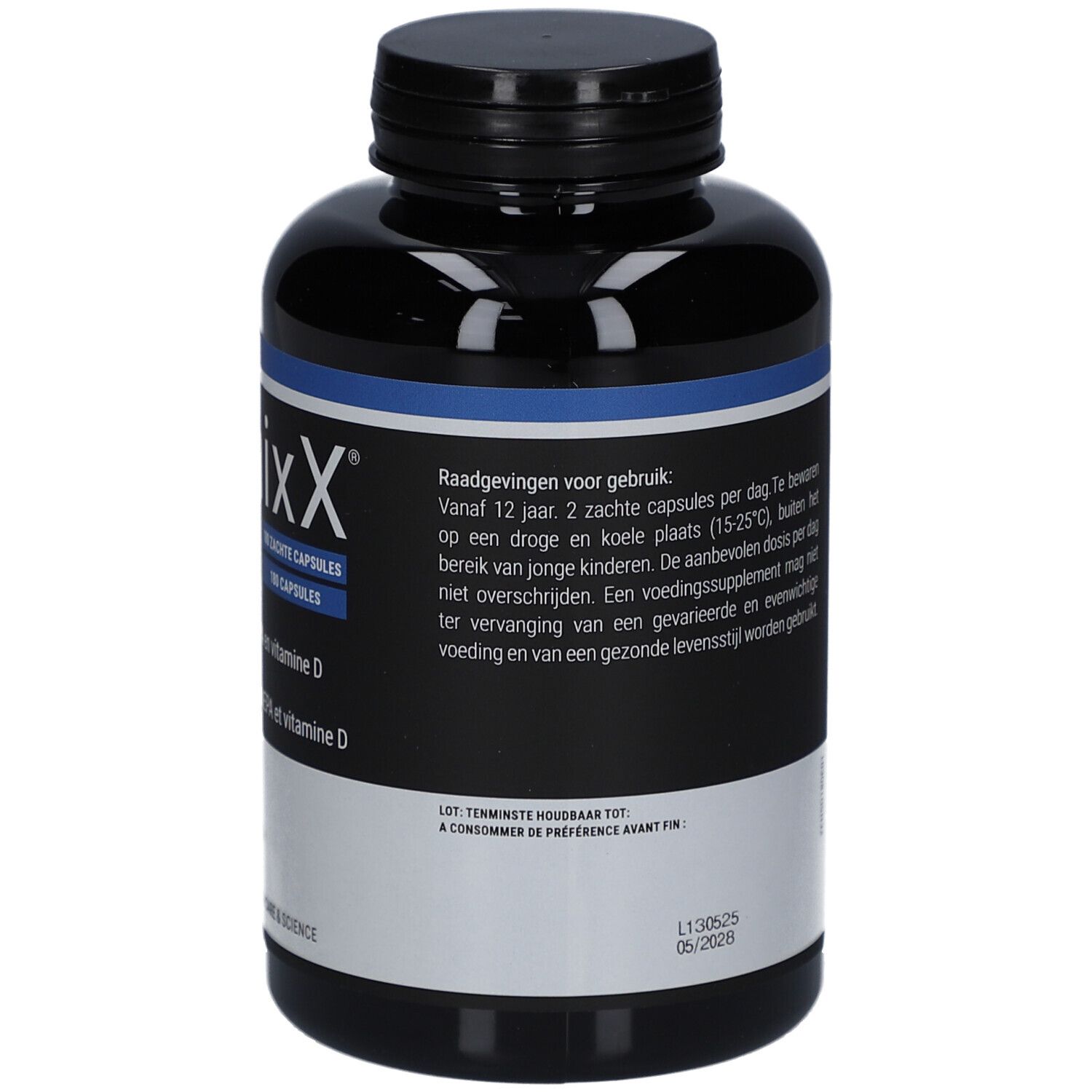 Retro della scatola Zenixx 500 D. Contiene informazioni sugli ingredienti, il dosaggio e le istruzioni per l'uso.