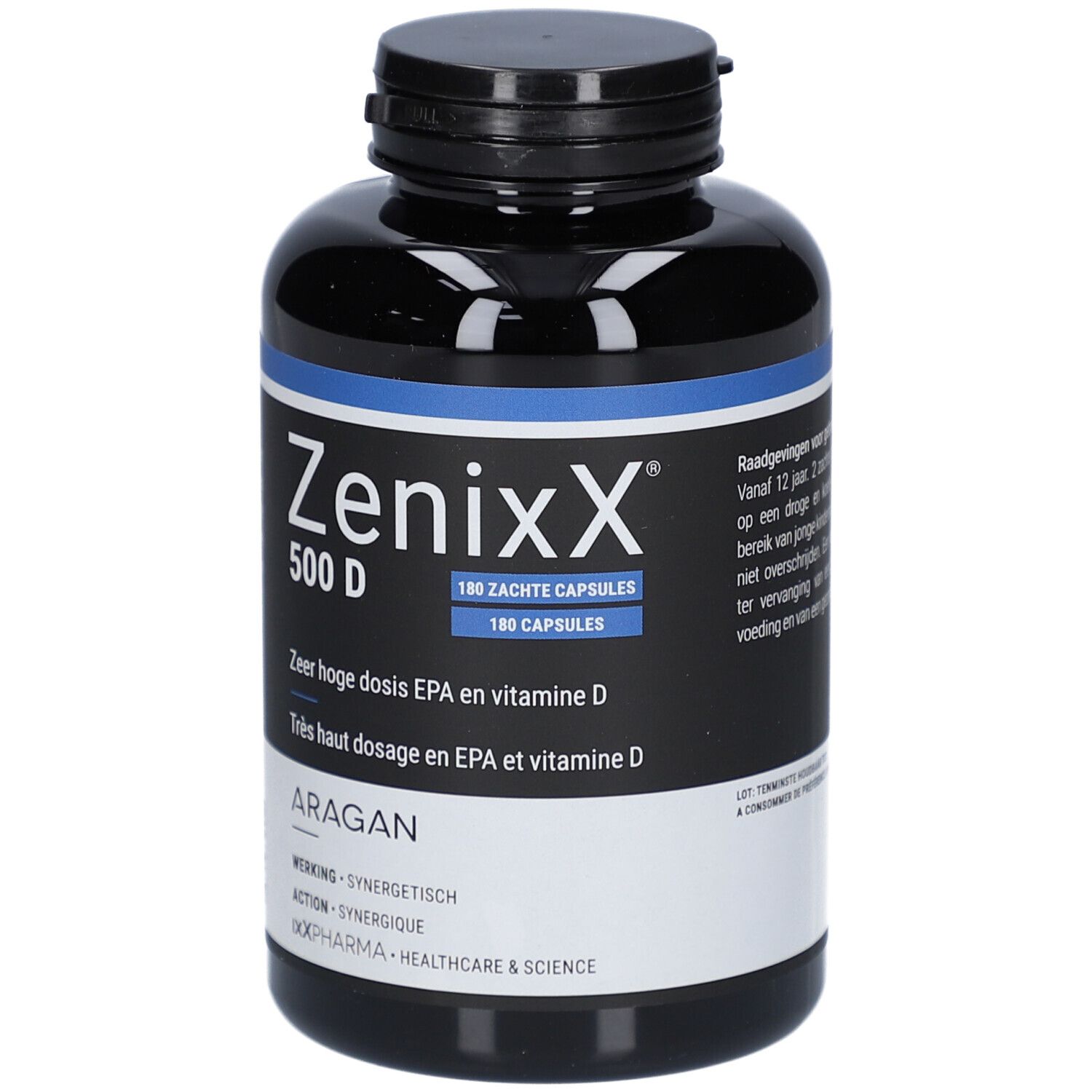 Scatola Zenixx 500 D. Scatola blu con nome del prodotto e 180 capsule. Contiene omega-3, EPA, DHA e vitamina D3.