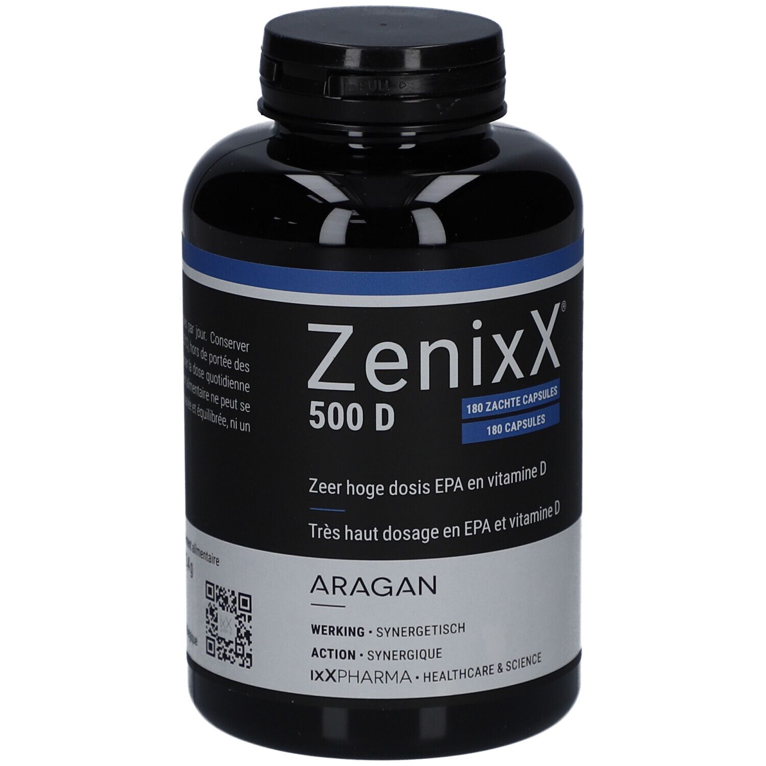 Scatola Zenixx 500 D. Scatola blu con nome del prodotto e 180 capsule. Contiene omega-3, EPA, DHA e vitamina D3.
