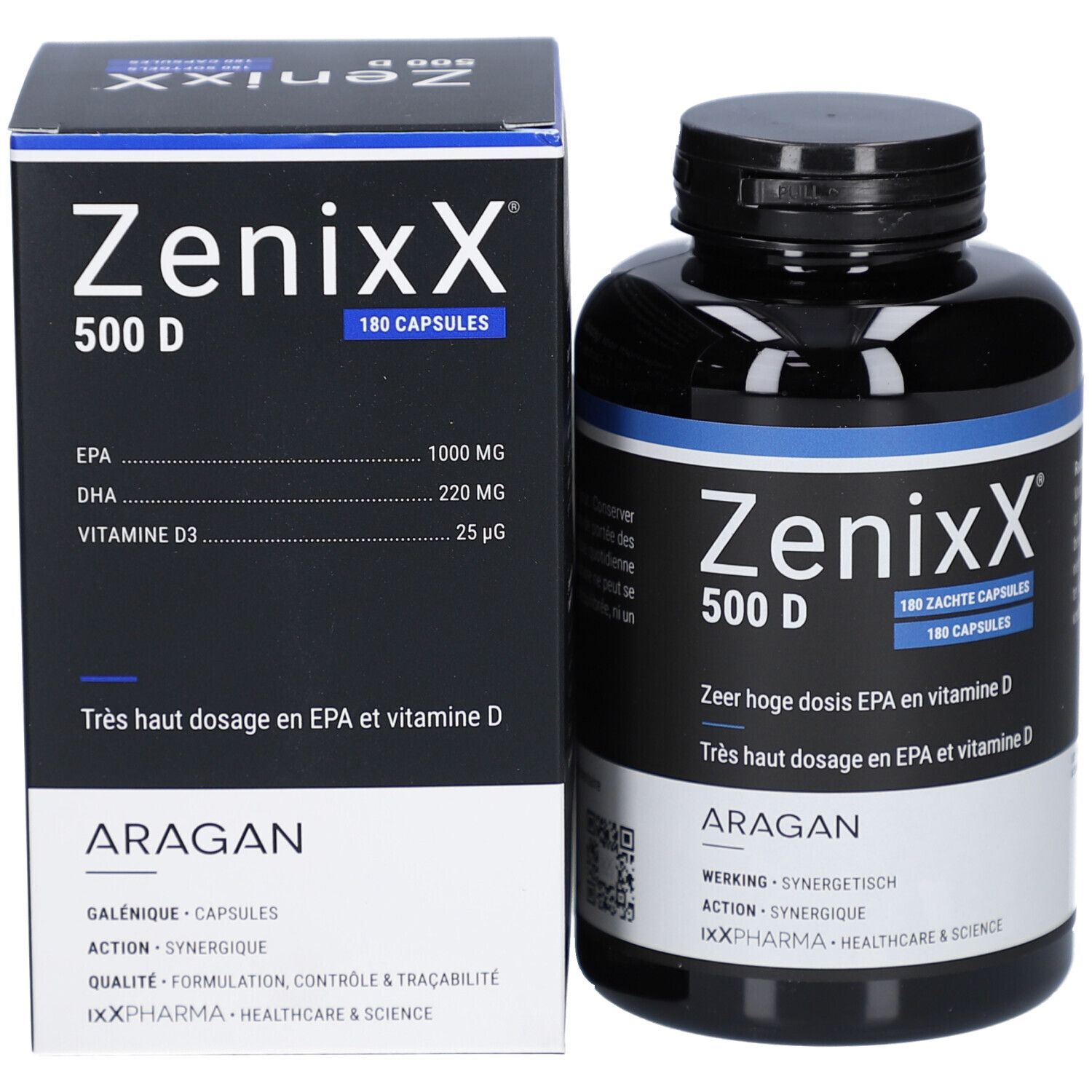Scatola Zenixx 500 D. Scatola blu con nome del prodotto e 180 capsule. Contiene omega-3, EPA, DHA e vitamina D3.