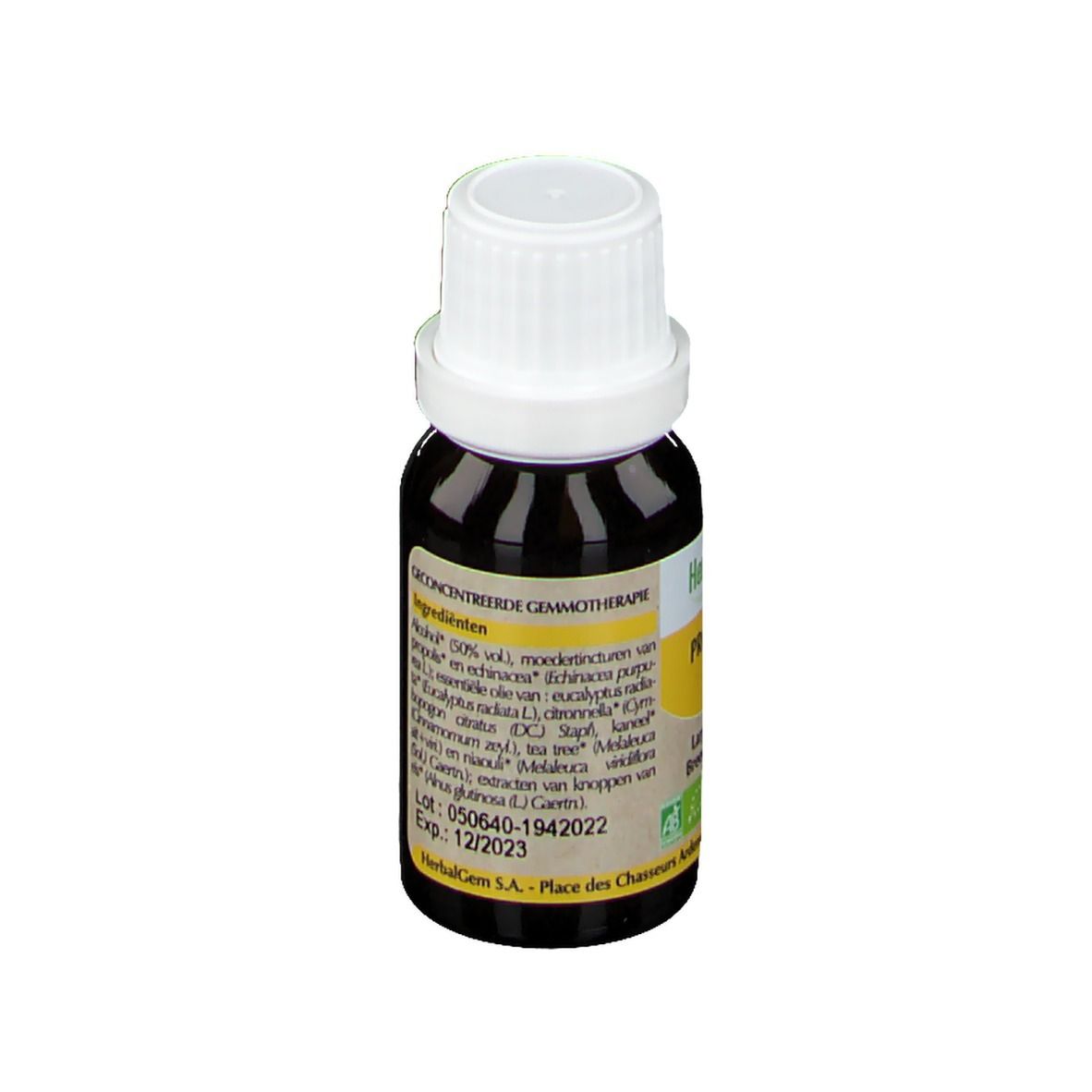 Flacone di vetro marrone con tappo bianco. Etichetta con ingredienti e logo HerbalGem.