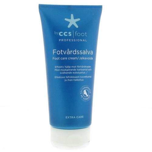 Tubo blu di crema per i piedi. Testo: by CCS foot PROFESSIONAL, Fotvårdssalva, Foot care cream. Con indicazione Extra Care e certificazione.