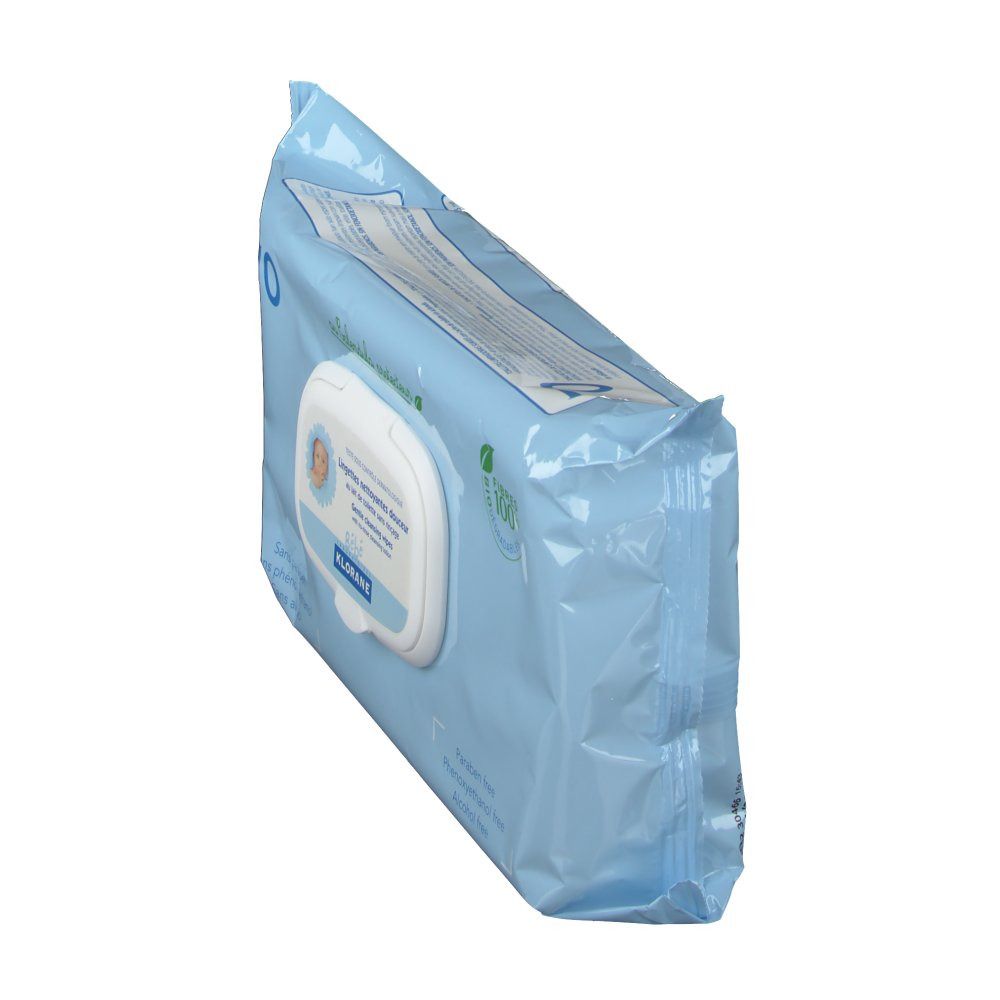 Confezione azzurra inclinata. Scritta: Klorane, Baby. 70 salviette. Senza parabeni, fenossietanolo, alcool.