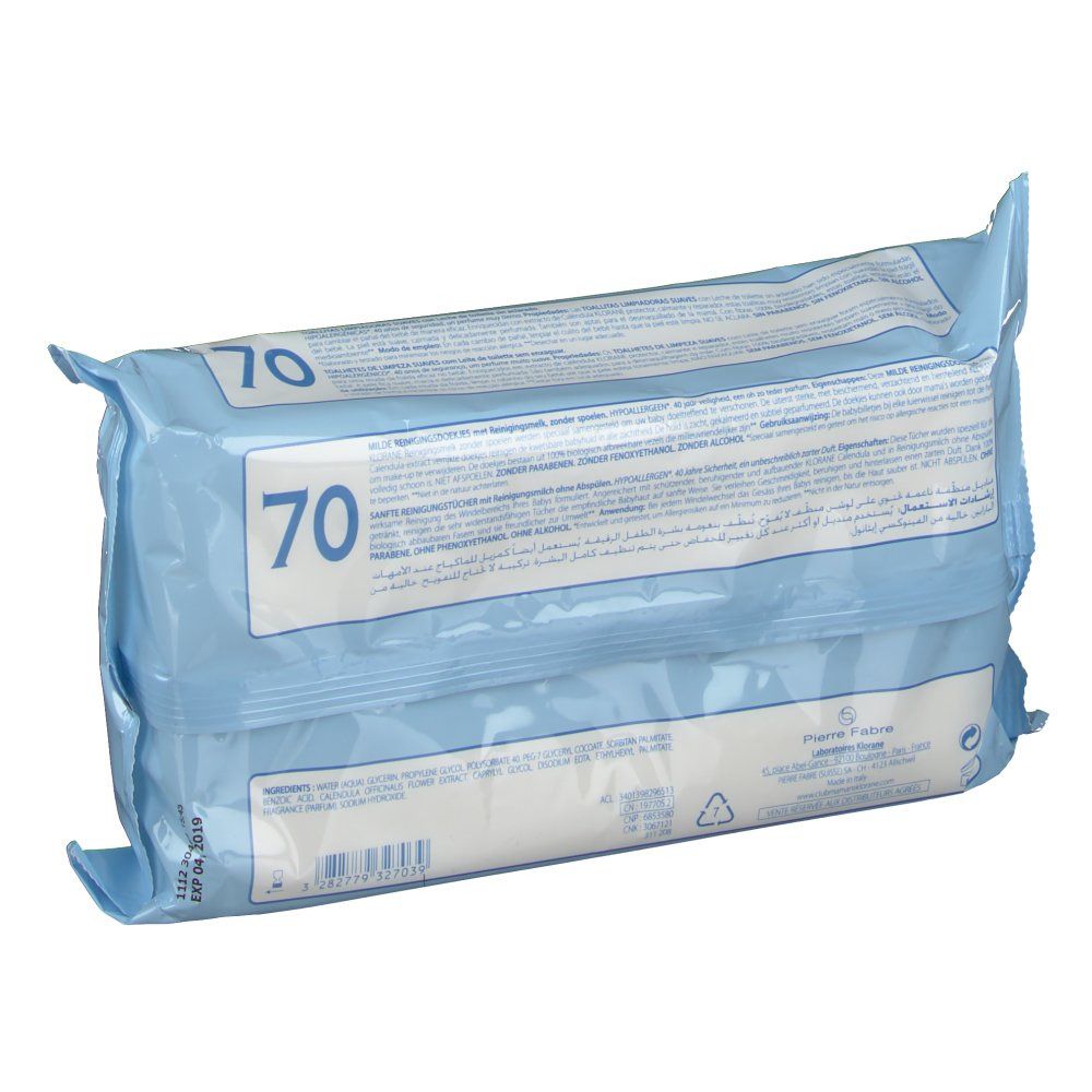 Retro della confezione azzurra con testo. Scritta: 70 salviette. Informazioni sugli ingredienti e il produttore.