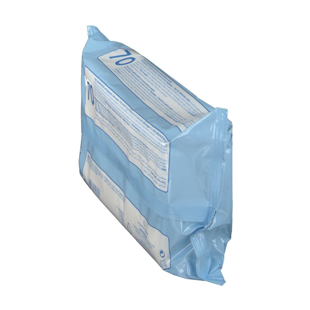 Confezione azzurra inclinata. Scritta: 70 salviette. Informazioni sugli ingredienti e il produttore.