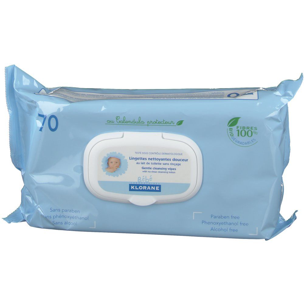 Confezione azzurra con 70 salviette. Scritta: Klorane, Baby, salviette detergenti delicate. Senza parabeni, fenossietanolo, alcool.