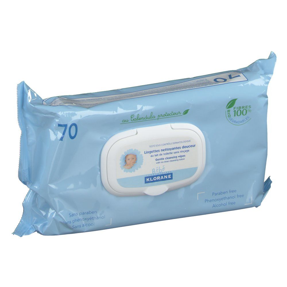Confezione azzurra con 70 salviette. Scritta: Klorane, Baby, salviette detergenti delicate. Senza parabeni, fenossietanolo, alcool.