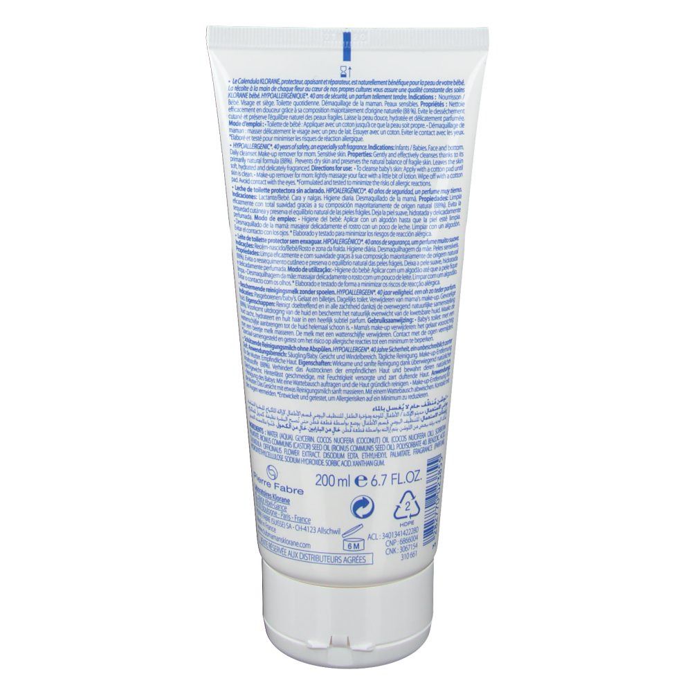 Retro del tubo. Testo: informazioni sul prodotto, ingredienti, dettagli del produttore. 200 ml.