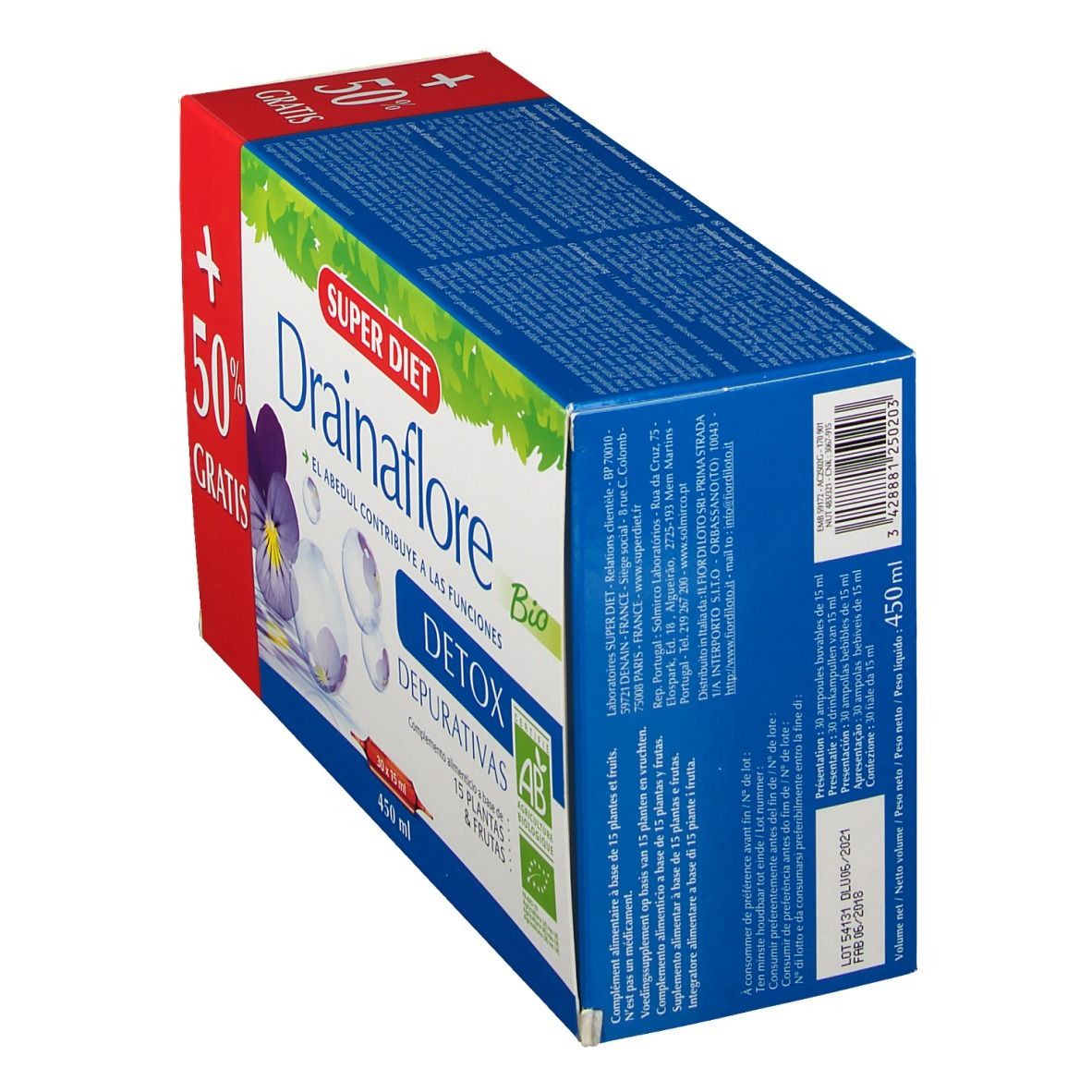 Vista obliqua della confezione Super Diet Drainaflore Bio. Scritte: Detox, 15 piante e frutta, marchio AB, 50% gratis.