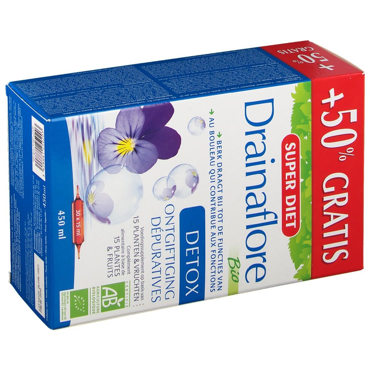 Vista obliqua della confezione Super Diet Drainaflore Bio. Scritte: Detox, 15 piante e frutta, marchio AB, 50% gratis.