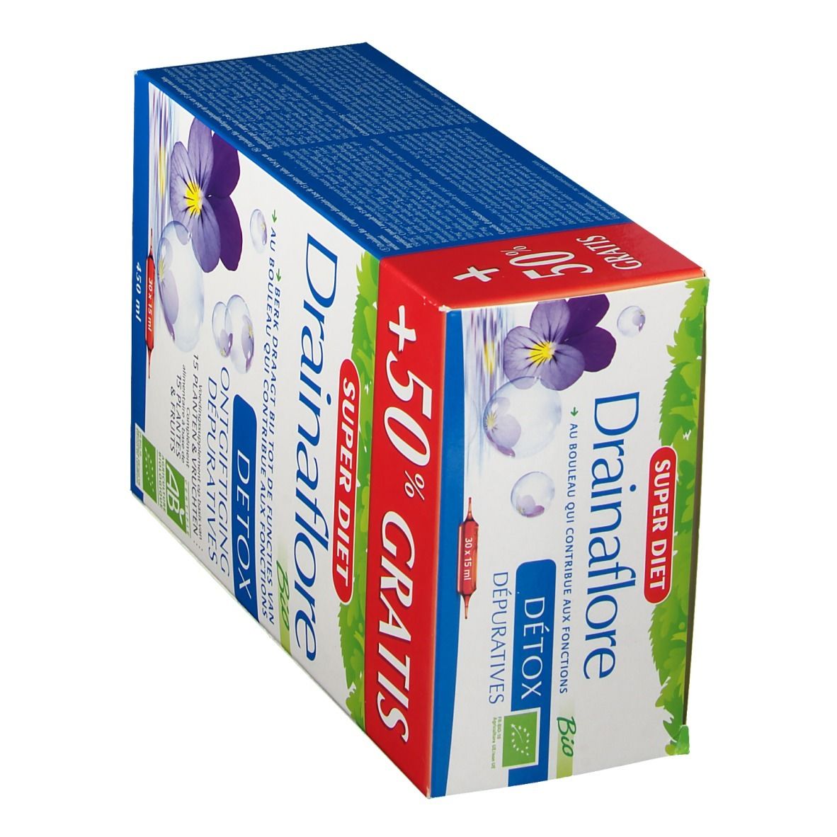Vista obliqua della confezione Super Diet Drainaflore Bio. Scritte: Detox, 15 piante e frutta, marchio AB, 50% gratis.