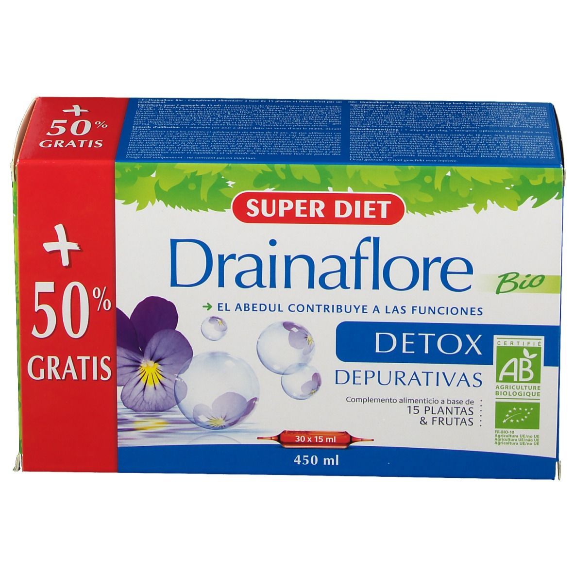 Scatola Super Diet Drainaflore Bio. Scritte: Detox, 15 piante e frutta, marchio AB, 50% gratis.