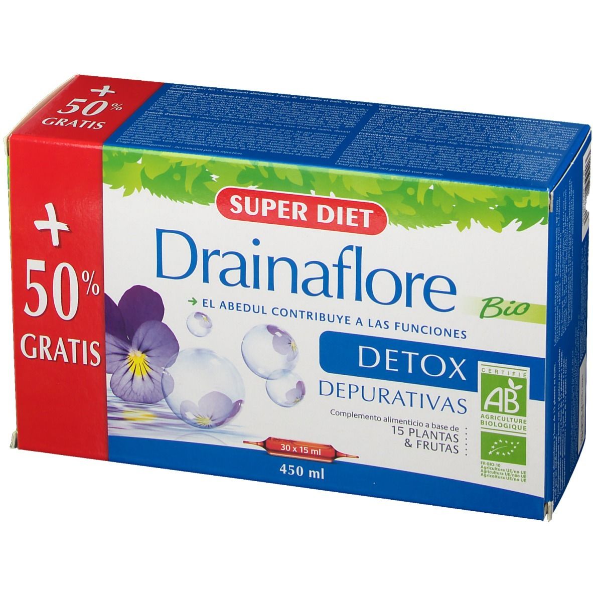 Scatola Super Diet Drainaflore Bio. Scritte: Detox, 15 piante e frutta, marchio AB, 50% gratis.