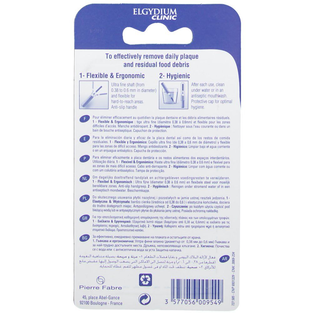 Retro della confezione ELGYDIUM Klinik Mono Kompakt. Testo multilingue. Illustrazioni e informazioni sull'uso.