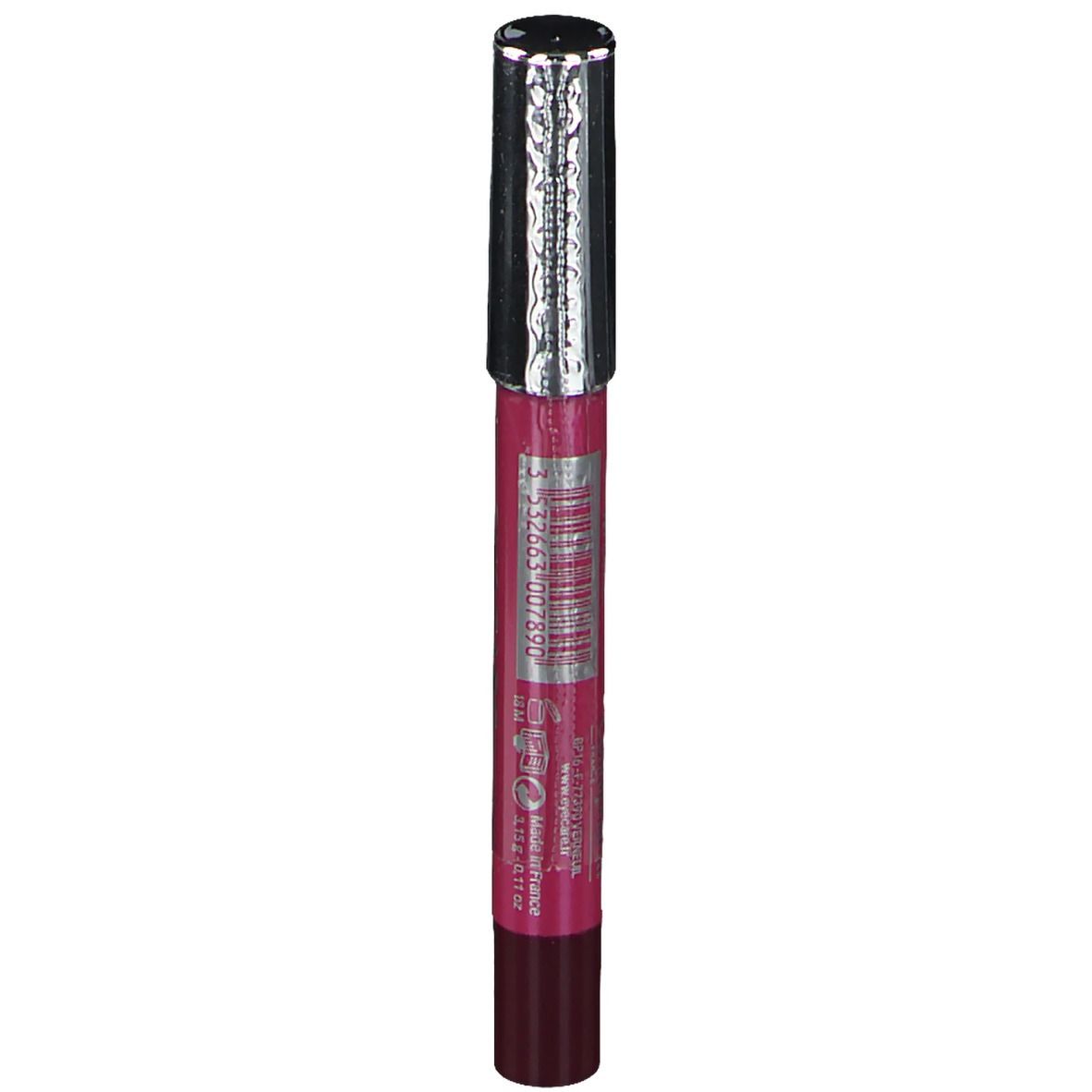 Rossetto con cappuccio argentato. Scritta EYE CARE. Tonalità: Muscat. Codice a barre sul cappuccio.