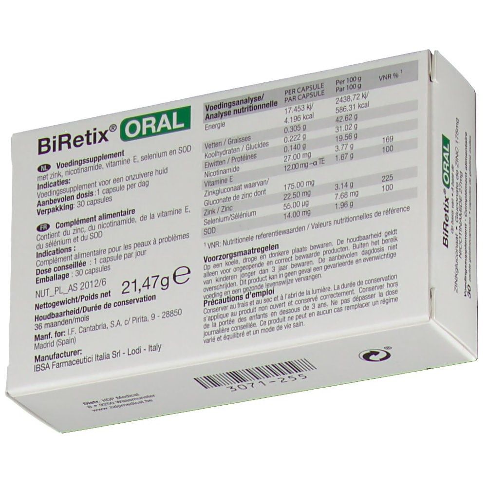 Retro della scatola BiRetix Oral. Contiene informazioni nutrizionali e ingredienti. Testo multilingue.