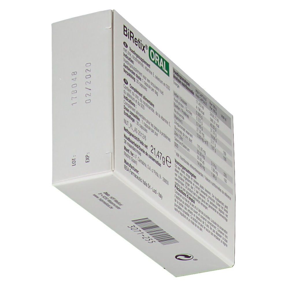 Scatola BiRetix Oral, vista obliqua dal basso. Contiene informazioni nutrizionali e ingredienti. Testo multilingue.