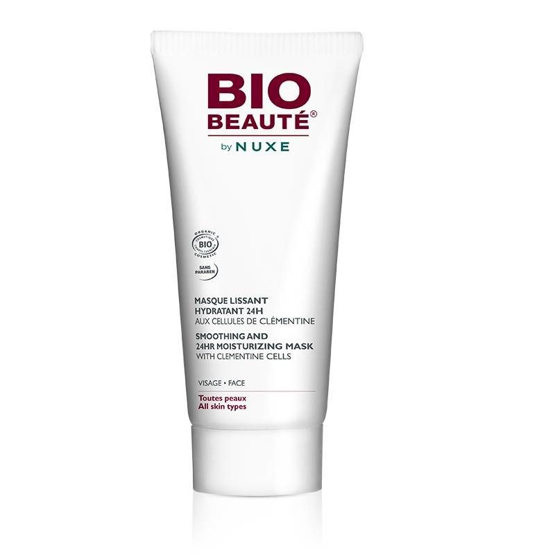 Tubo bianco con logo "BIO BEAUTÉ" rosso. Testo: "Masque Lissant Hydratant 24H". Certificazione bio.