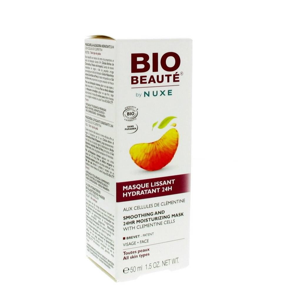 Scatola con logo "BIO BEAUTÉ" e illustrazione di mandarino. Testo: "Masque Lissant Hydratant 24H". Certificazione bio.