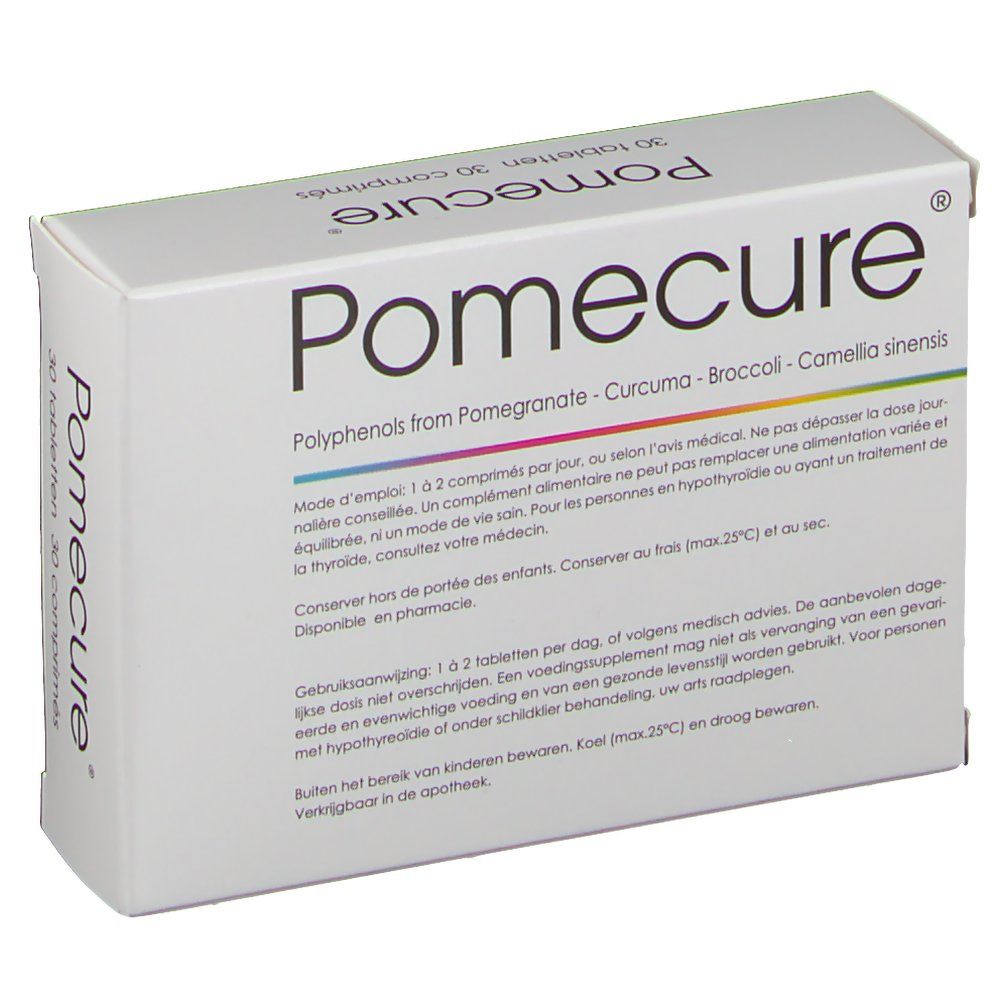 Scatola bianca con il nome del prodotto Pomecure e la scritta '30 compresse'. Testo: Polifenoli da melograno, curcuma, broccoli, Camellia sinensis.