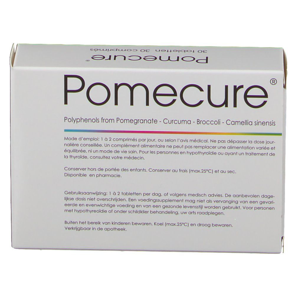 Scatola bianca con il nome del prodotto Pomecure. Scritta: Polifenoli da melograno, curcuma, broccoli, Camellia sinensis. Testo multilingue.