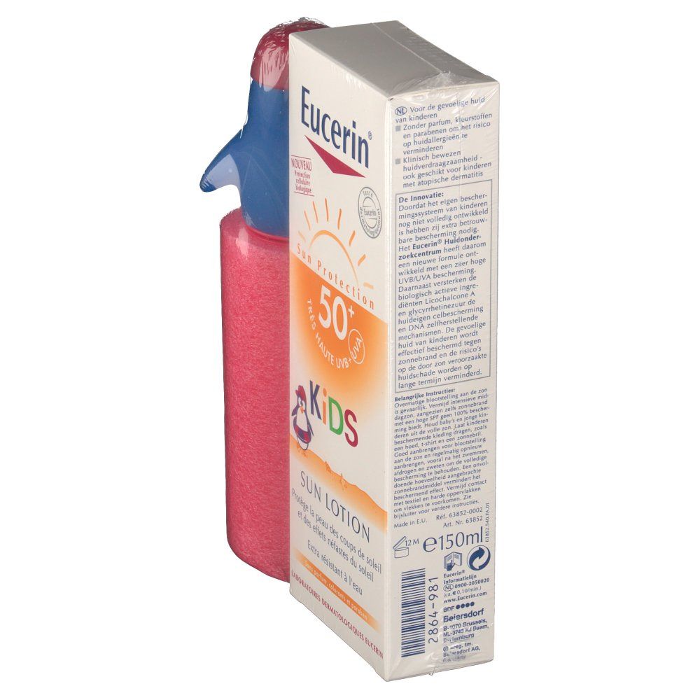 Lozione solare Kids SPF50+ e giocattolo acquatico. Confezione con nome del prodotto e illustrazione pinguino. Testo: Sun Lotion, 150ml.
