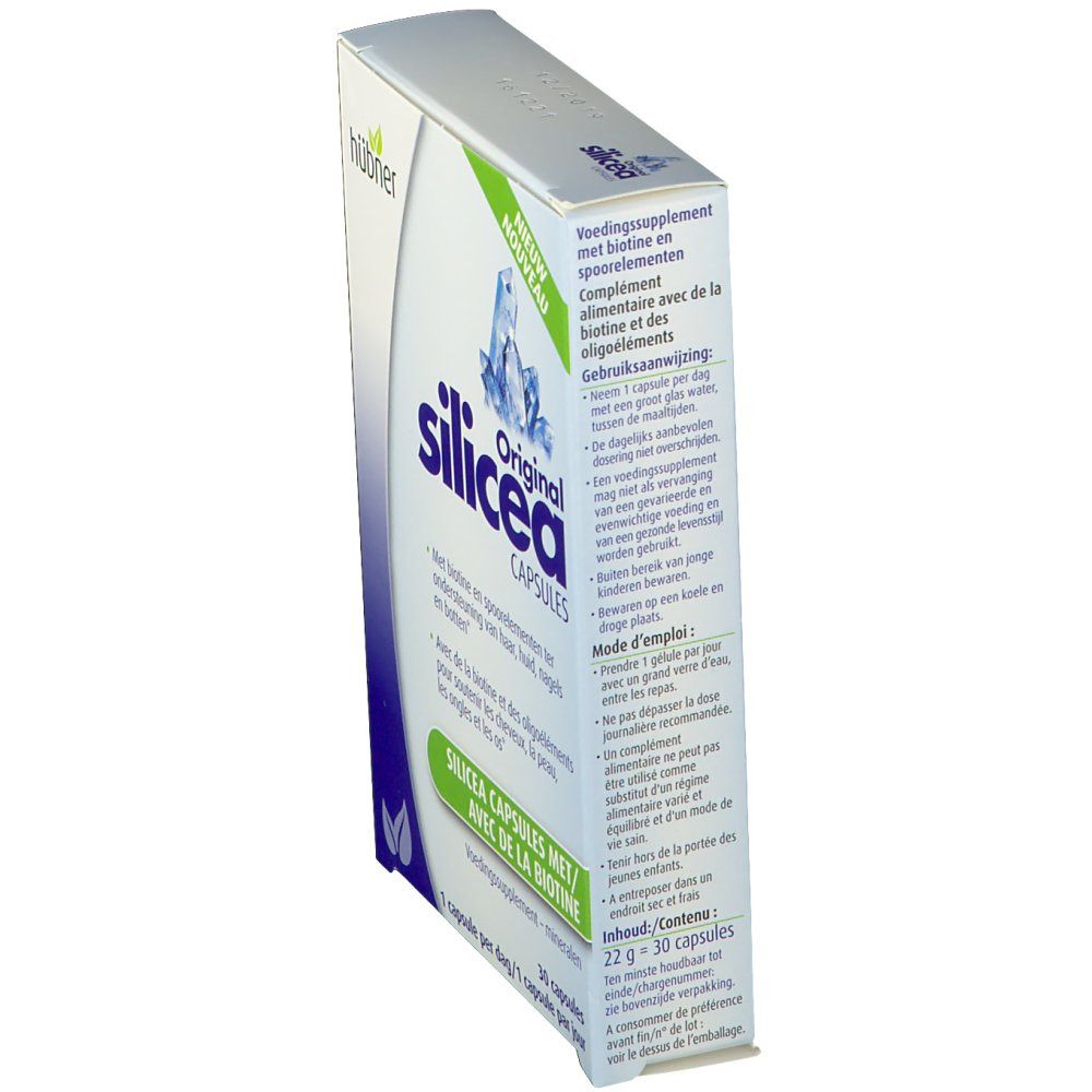 Scatola "Original Silicea Cápsulas". Vista laterale. Testo: "Voedingssupplement met biotine en sporenelementen".