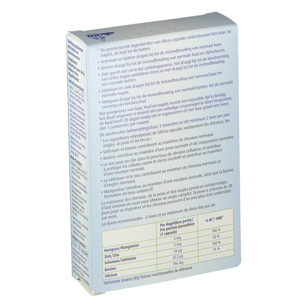 Retro della scatola "Original Silicea Cápsulas". Testo sugli ingredienti e i valori nutrizionali.