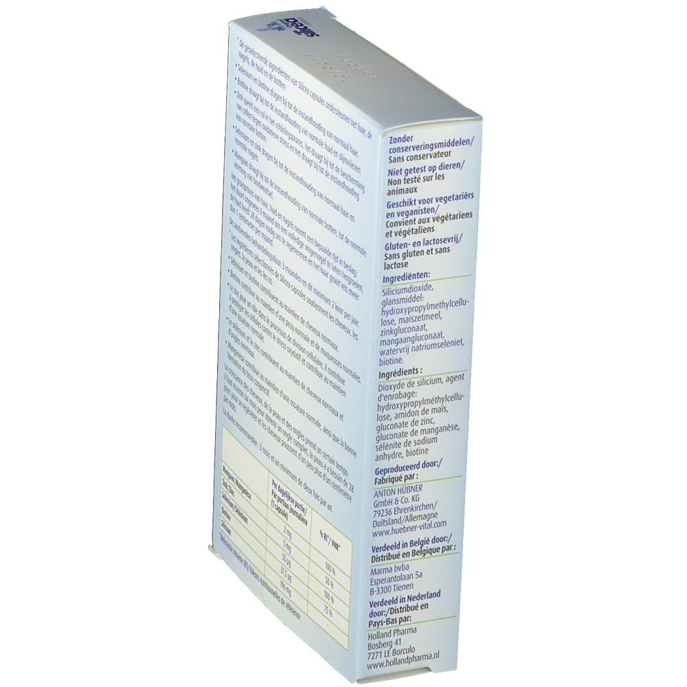 Lato della scatola "Original Silicea Cápsulas". Testo sugli ingredienti e il produttore.