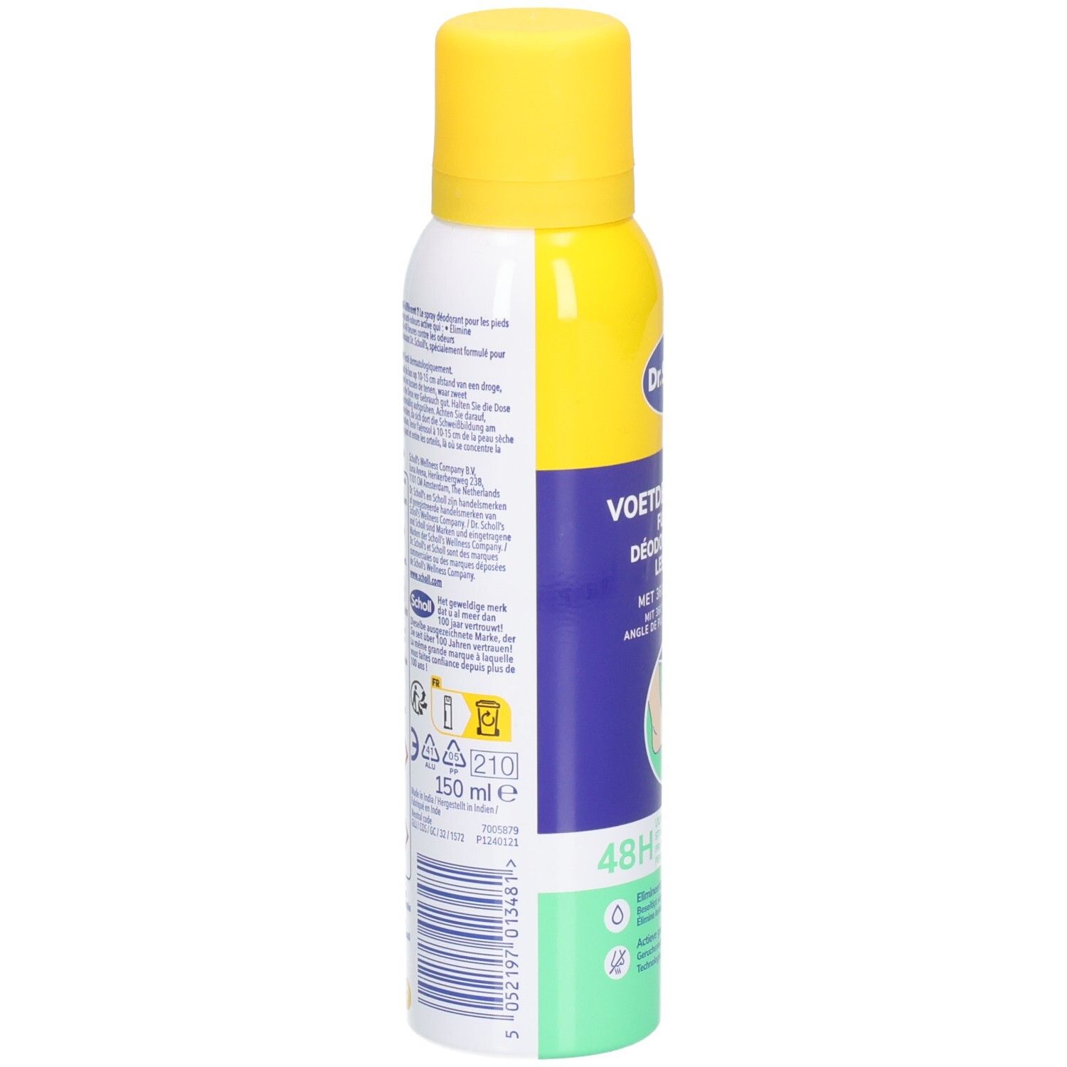 Vista laterale della bomboletta spray. Scritta: Dr. Scholl's, deo piedi, protezione 48H. 150 ml. Codice a barre e testo.