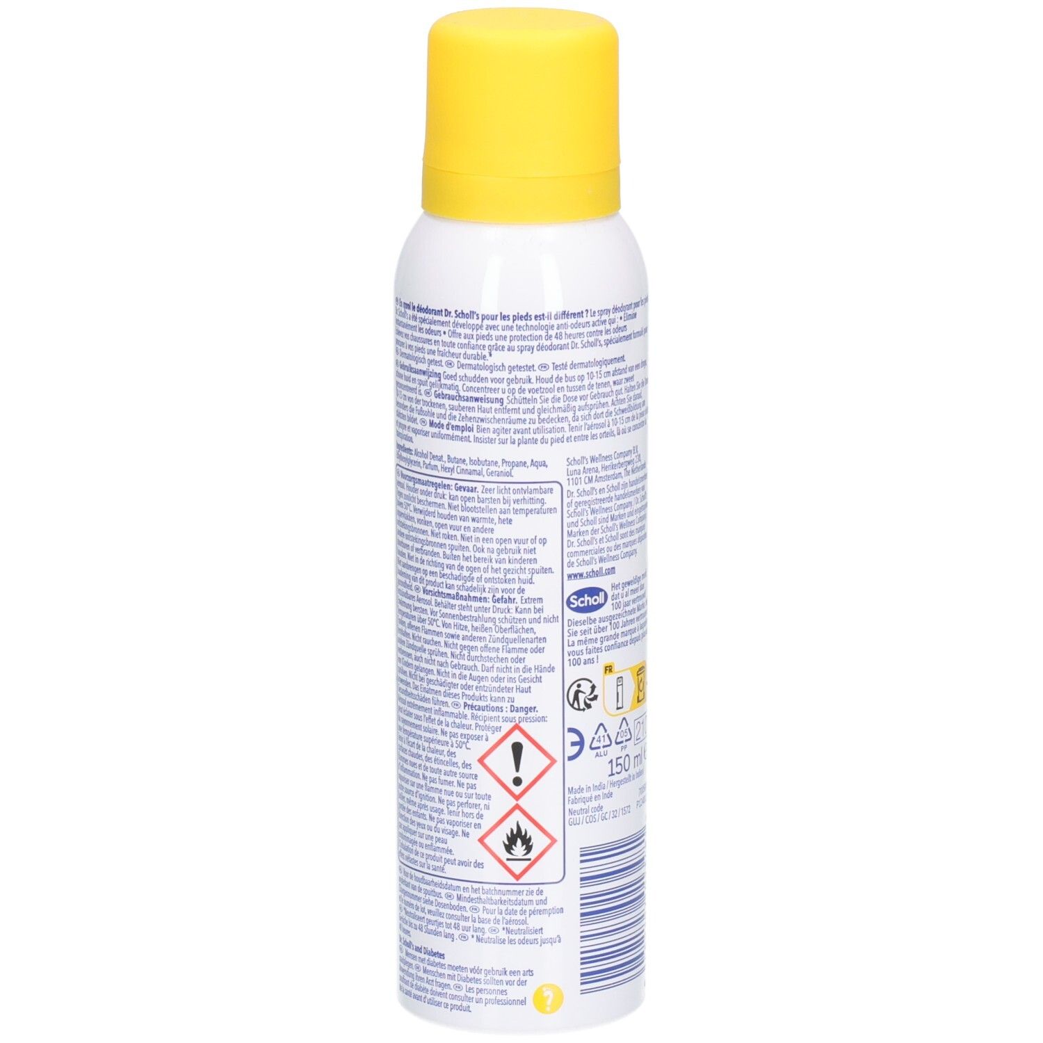 Retro della bomboletta spray. Scritta: Dr. Scholl's, deo piedi, protezione 48H. Avvertenze e testo. 150 ml.