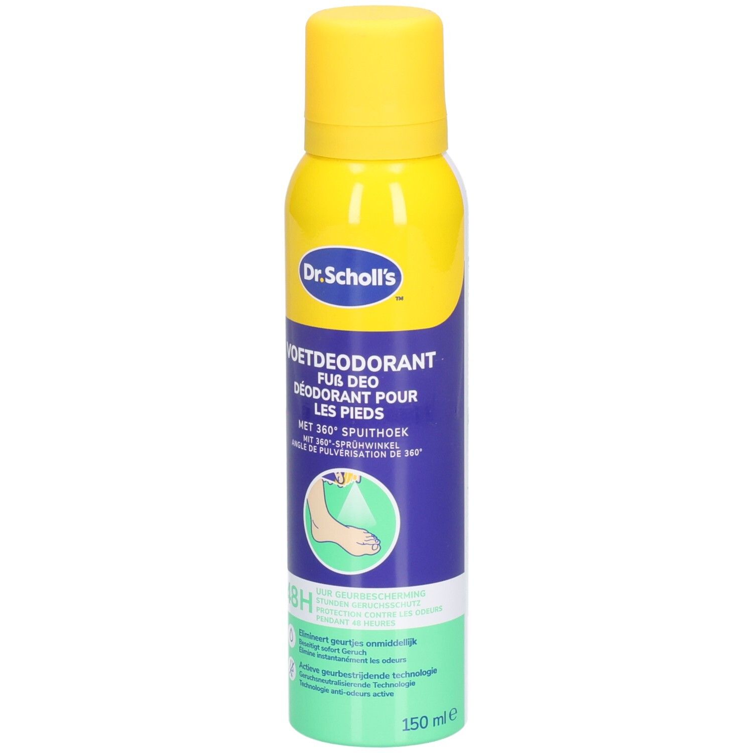 Bomboletta spray gialla e blu con tappo giallo. Scritta: Dr. Scholl's, deo piedi, protezione 48H. 150 ml.