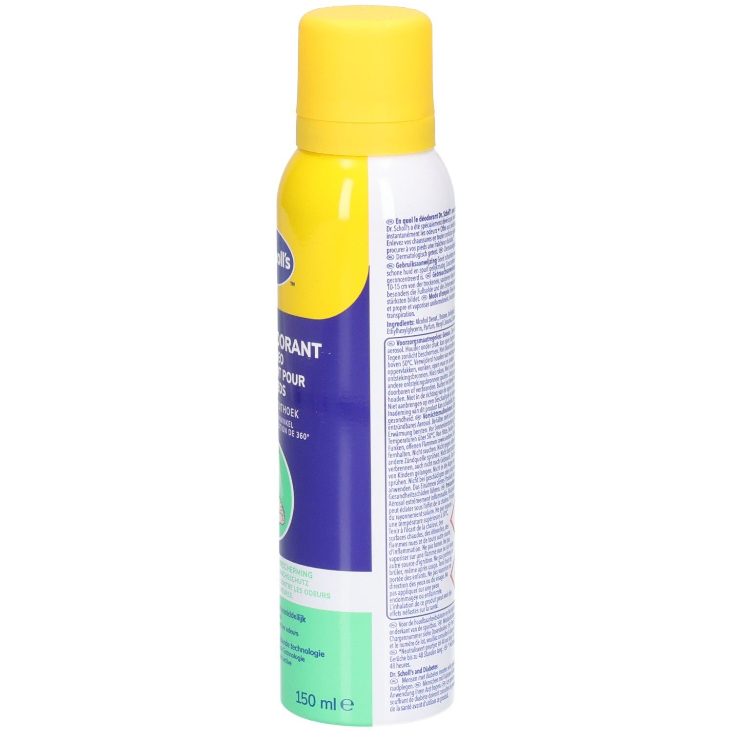 Vista laterale della bomboletta spray. Scritta: Dr. Scholl's, deo piedi, protezione 48H. 150 ml. Testo.