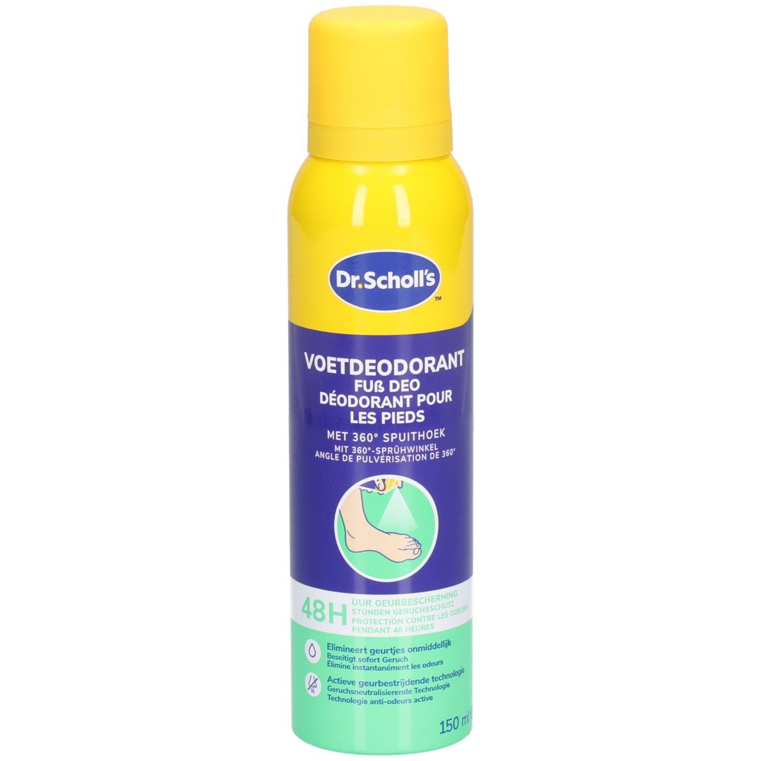 Bomboletta spray gialla e blu con tappo giallo. Scritta: Dr. Scholl's, deo piedi, protezione 48H. 150 ml.