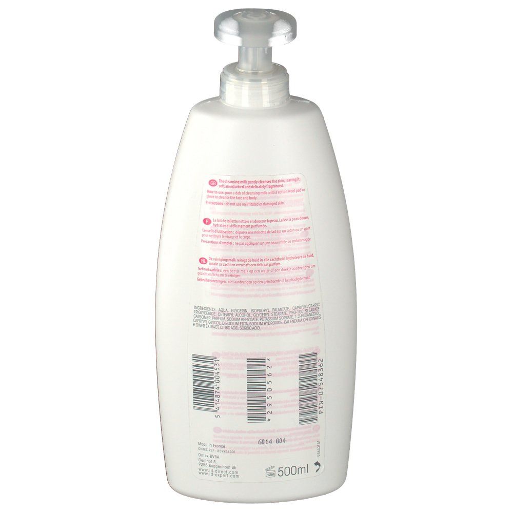 Retro del flacone bianco con pompa. Testo in più lingue. Codice a barre e 500ml. Ingredienti e informazioni produttore.