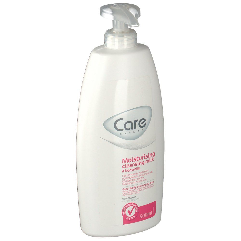 Flacone bianco con pompa. Scritta: Care Expert, Moisturising cleansing milk. Etichetta rosa con testo e 500ml. Testato.