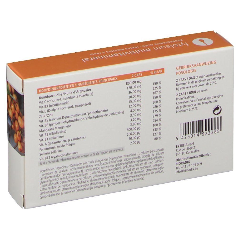 Retro della confezione in cartone con ingredienti e istruzioni per il dosaggio. Testo in tedesco, francese e olandese.