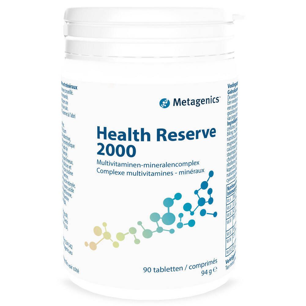Flacone bianco 'Health Reserve 2000'. 90 compresse. Marca: Metagenics. Complesso multivitaminico-minerale.