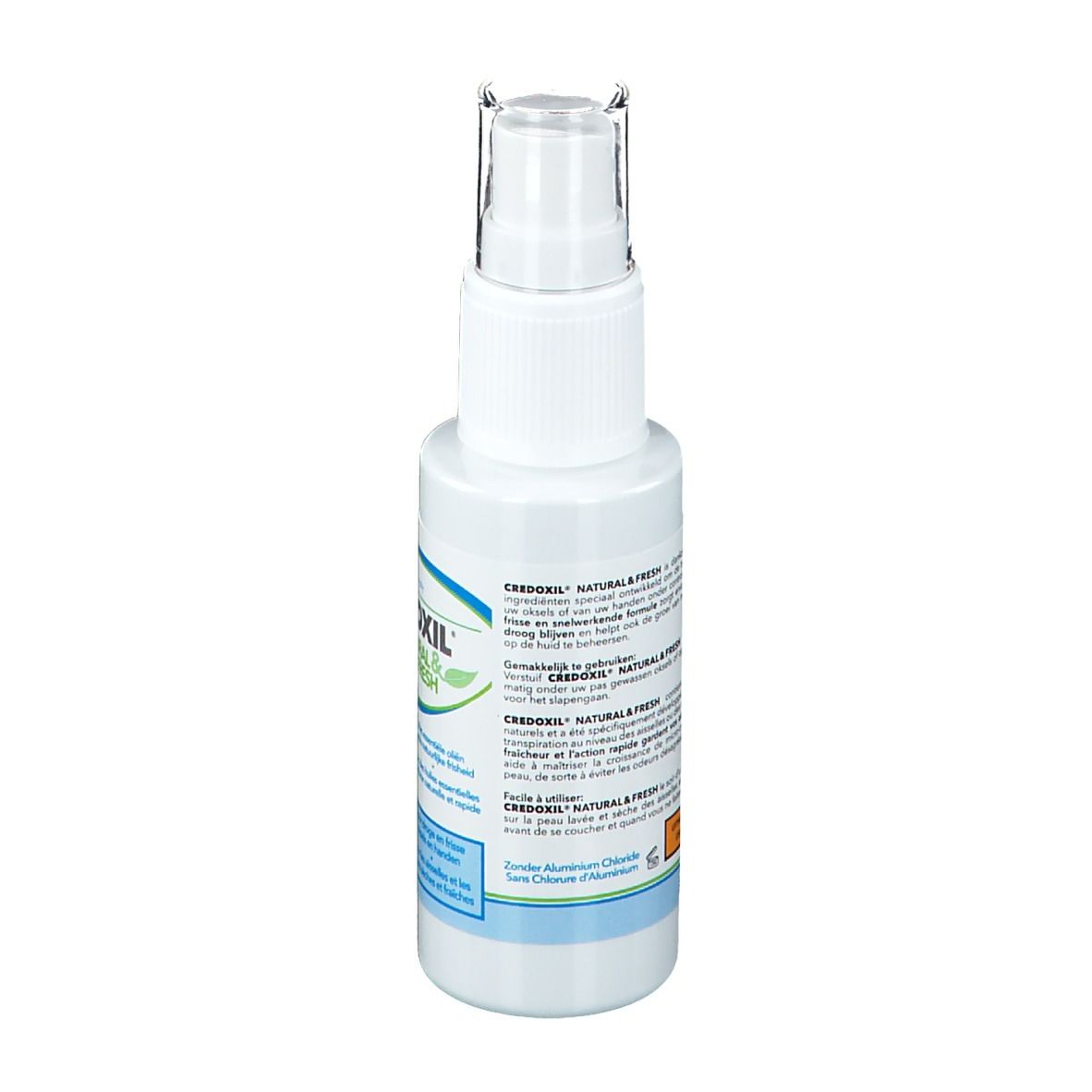 Retro del flacone spray bianco. Testo multilingue. CREDOXIL NATURAL & FRESH. Erogatore trasparente.