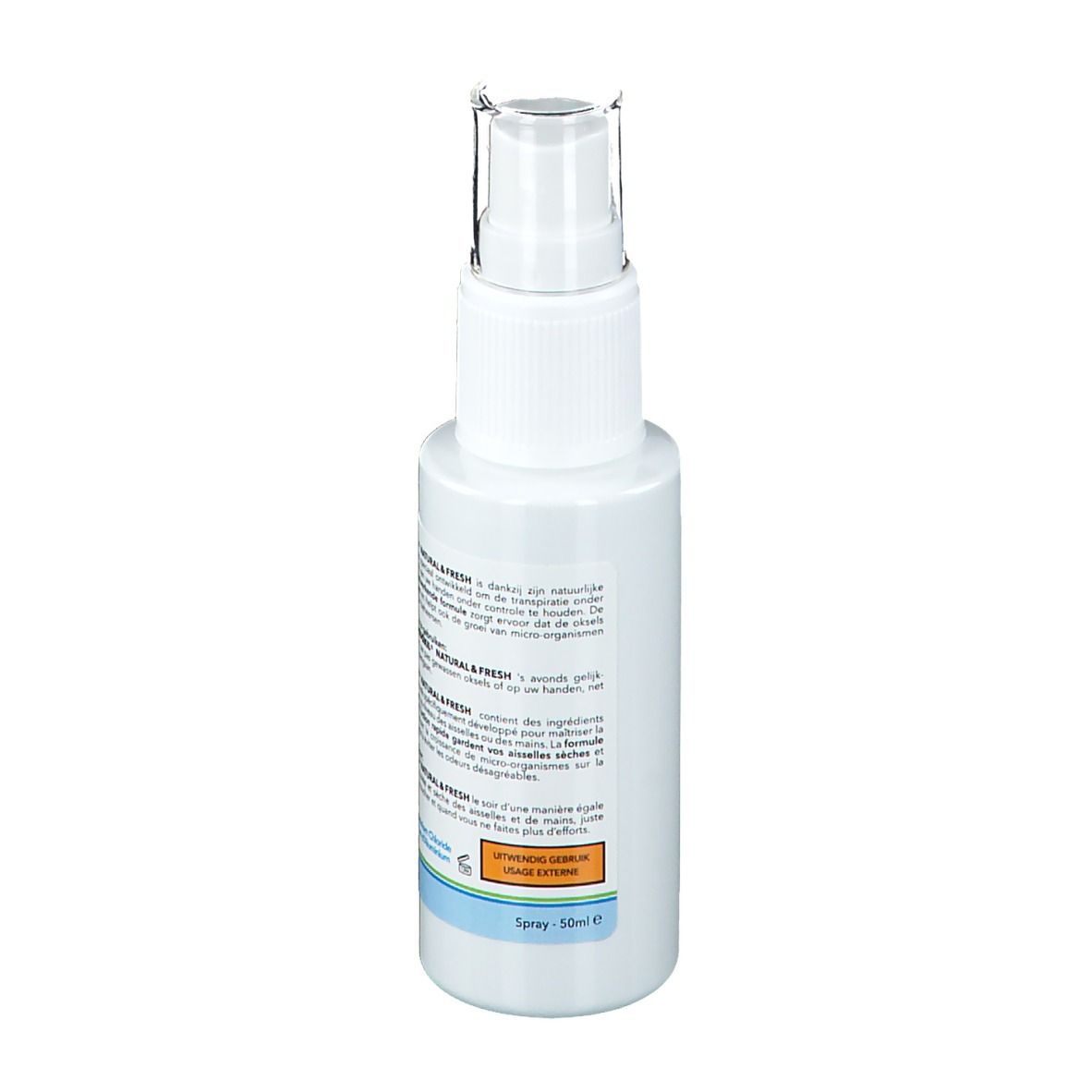Retro del flacone spray bianco. Testo multilingue. CREDOXIL NATURAL & FRESH. Erogatore trasparente.