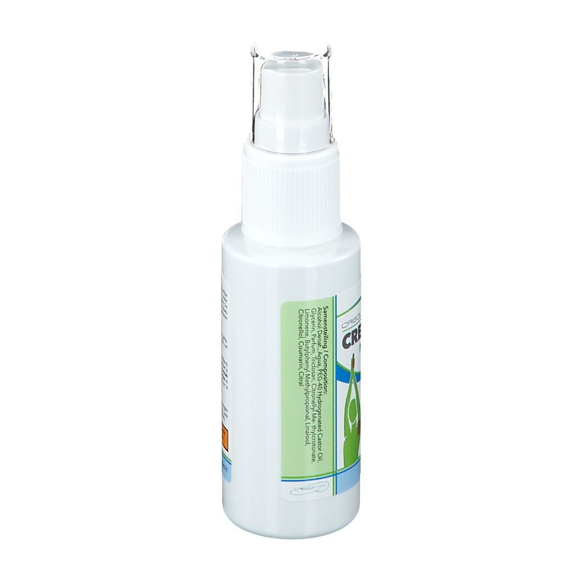 Flacone spray bianco con etichetta. CREDOXIL NATURAL & FRESH. Logo verde con persona. Erogatore trasparente.
