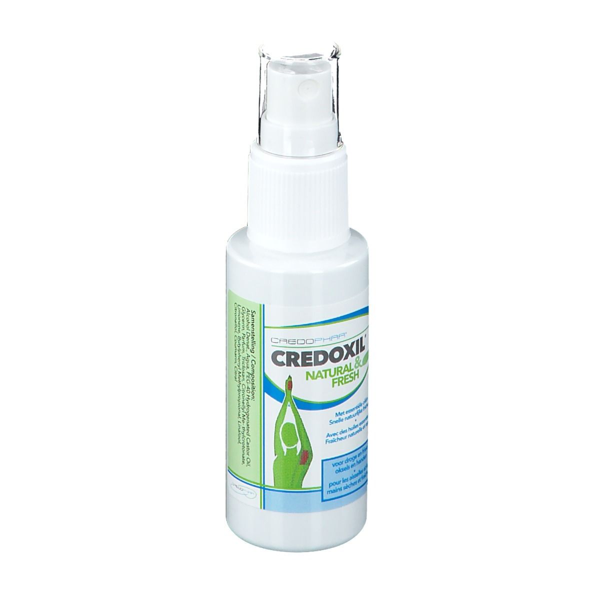 Flacone spray bianco con etichetta. CREDOXIL NATURAL & FRESH. Logo verde con persona. Erogatore trasparente.