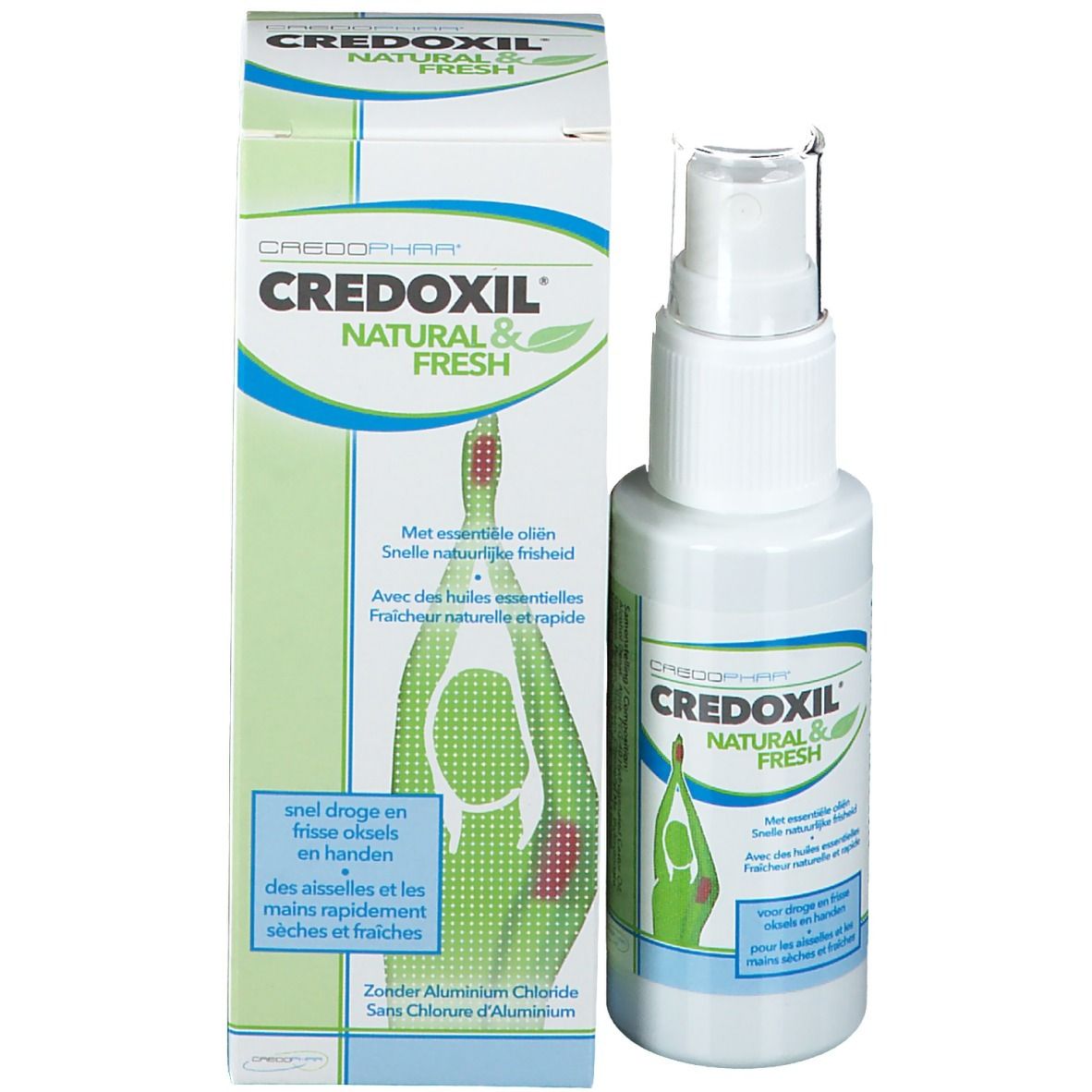 Confezione del prodotto e flacone spray. CREDOXIL NATURAL & FRESH. Logo verde con persona. Erogatore trasparente.