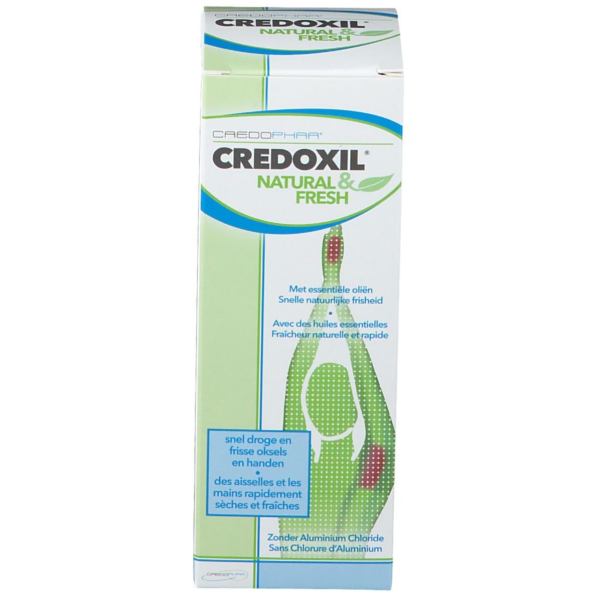 Confezione del prodotto. CREDOXIL NATURAL & FRESH. Logo verde con persona. Testo multilingue.