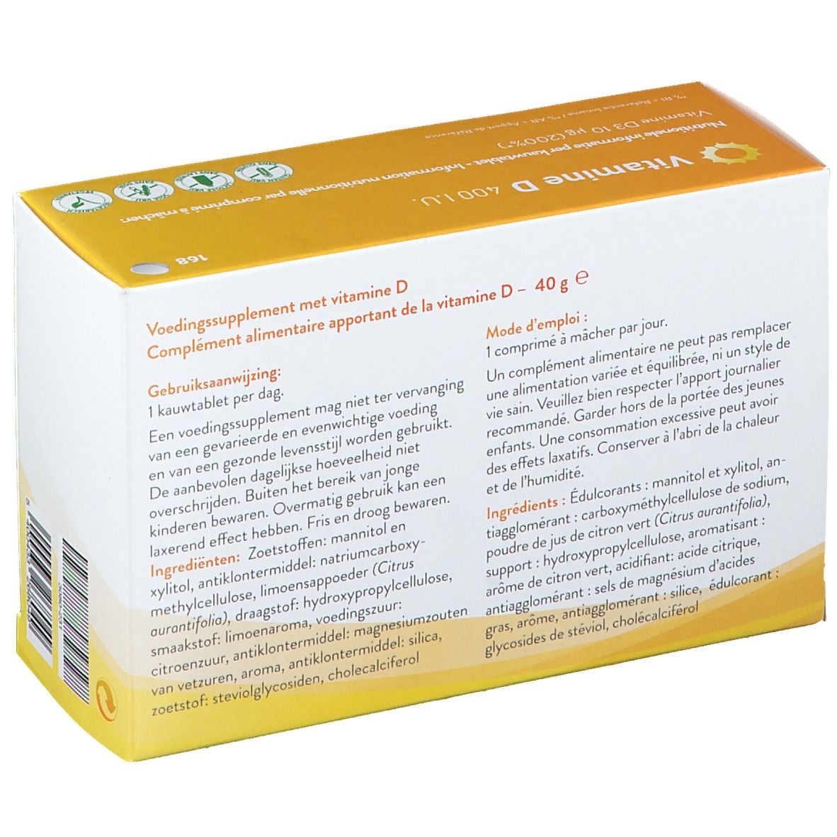 Retro della confezione 'Vitamine D 400 IU'. Contiene informazioni sul prodotto multilingue e lista ingredienti.