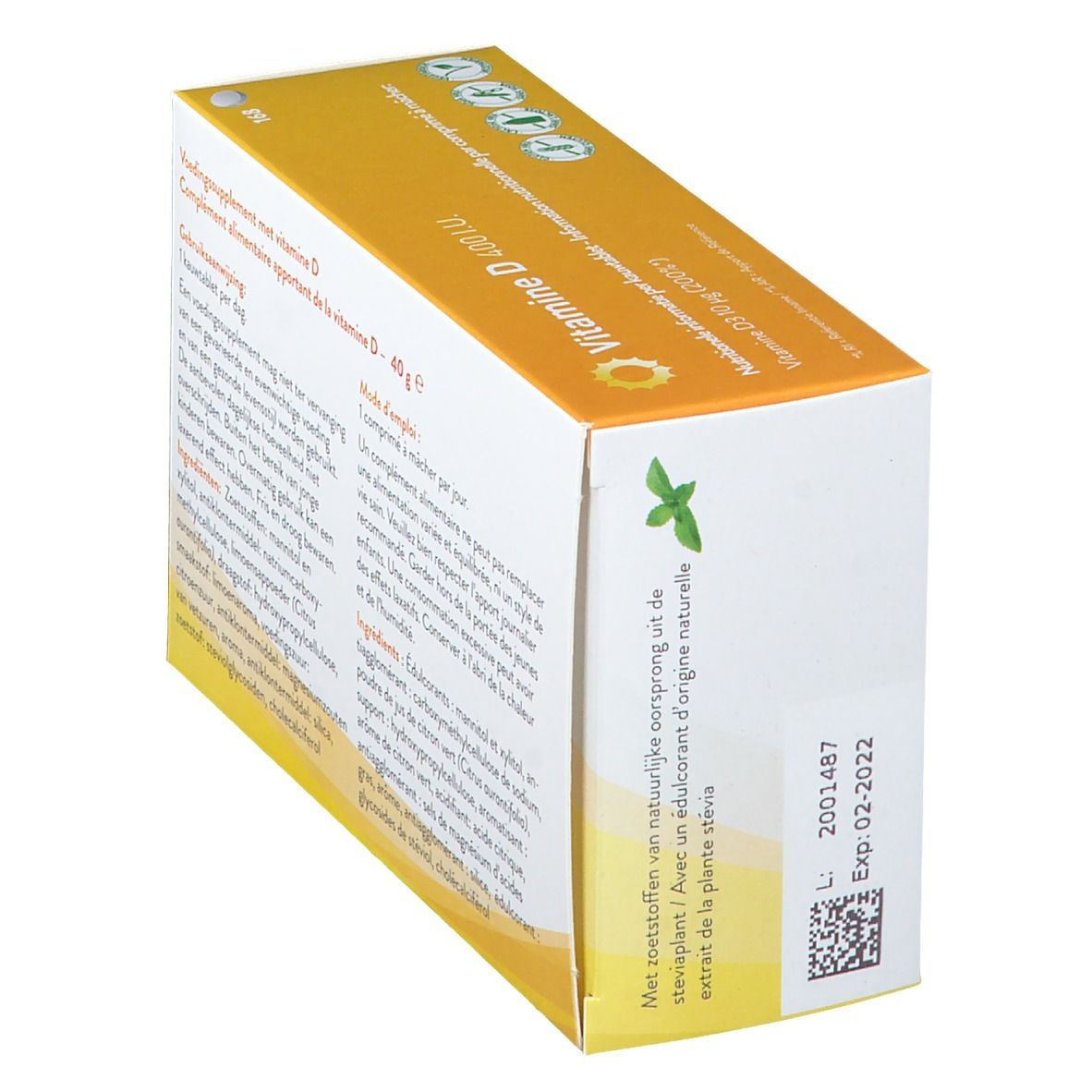 Vista obliqua della confezione 'Vitamine D 400 IU'. Retro con informazioni sul prodotto e data di scadenza.