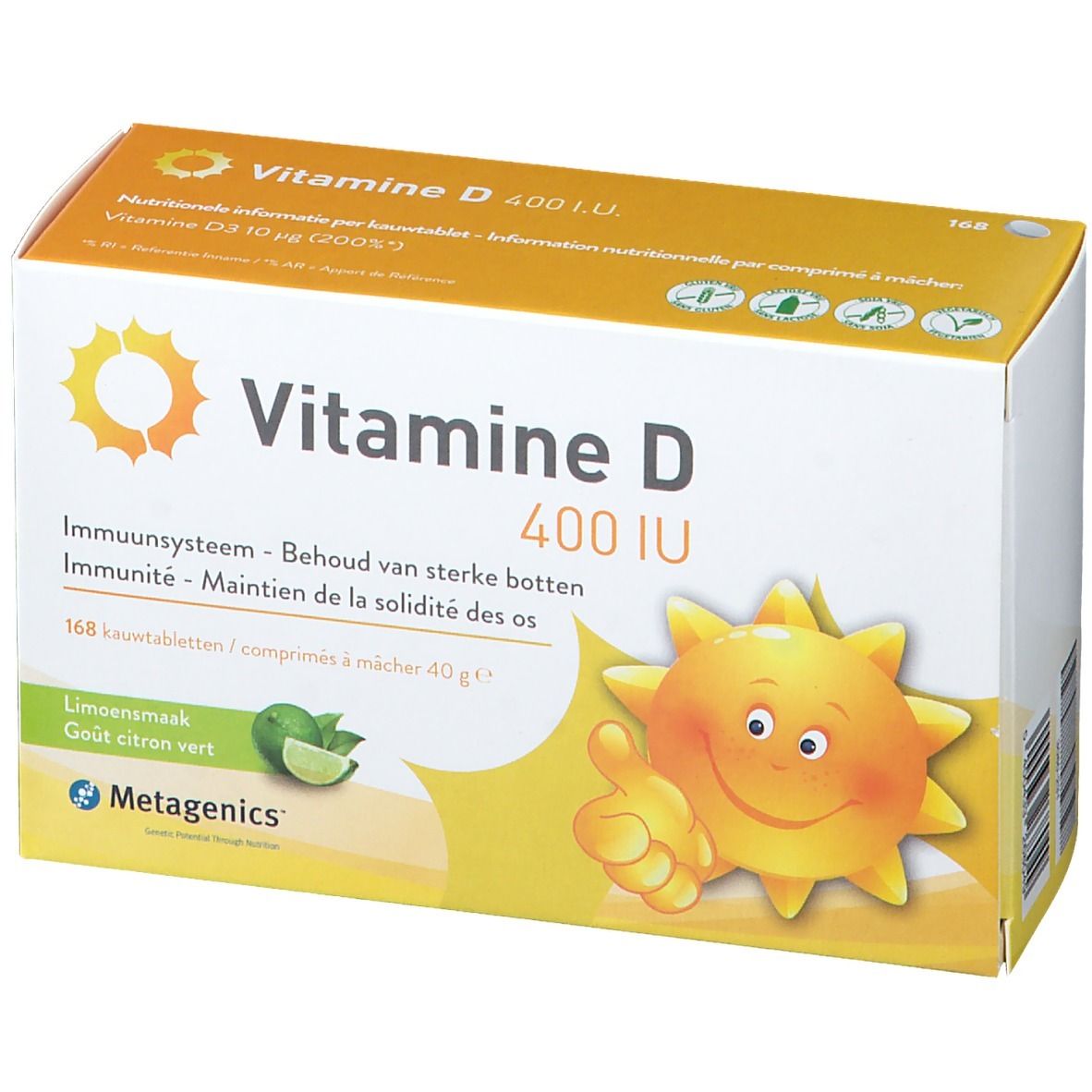 Confezione di 'Vitamine D 400 IU'. Contiene 168 compresse masticabili. Logo Metagenics. Illustrazione di un sole con pollice in su.