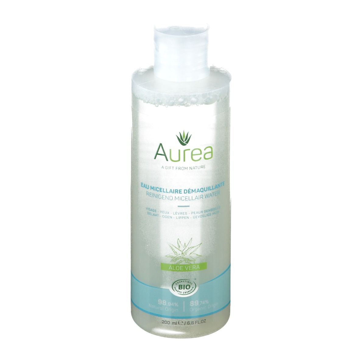 Flacone trasparente con tappo bianco. Scritta Aurea, Acqua micellare, Aloe Vera. Certificazione Bio.