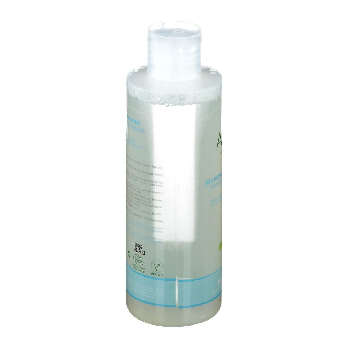 Flacone trasparente con tappo bianco. Testo sul retro. Striscia azzurra in basso.