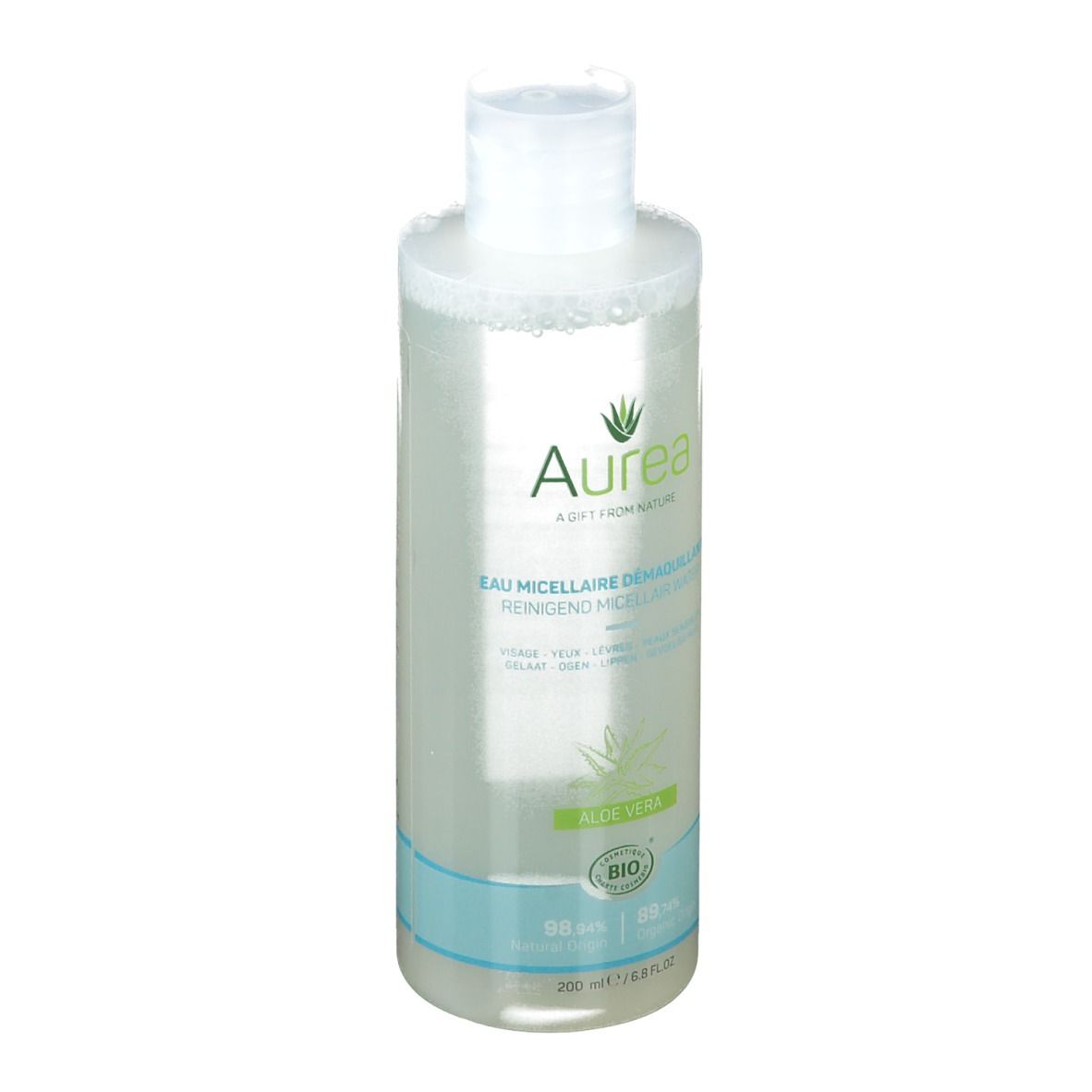 Flacone trasparente con tappo bianco. Scritta Aurea, Acqua micellare, Aloe Vera. Certificazione Bio.